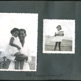 Autore non identificato, "Liliana Segre sulla spiaggia di Celle Ligure nel luglio 1933 in braccio al padre Alberto (foto a sinistra) e mentre legge un giornale illustrato (foto a destra)", (Fondo fotografico Segre Liliana, inv. 022-album01-036)